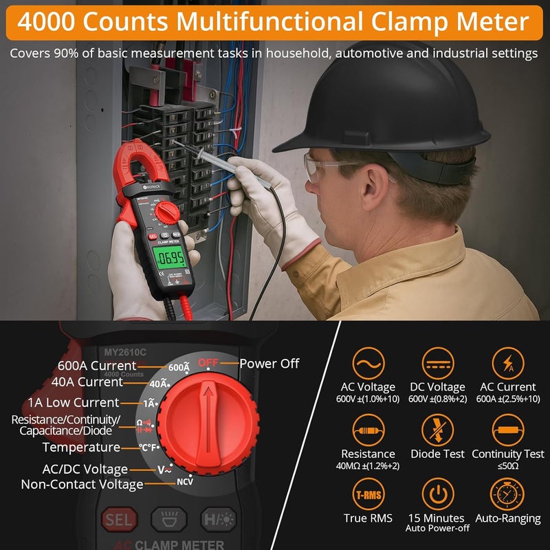 Neoteck مقياس الكلّب 4000 عدّات لمقياس الأمبير لتيار AC TRMS وفولتية AC/DC 600A مع نطاق تلقائي مقياس رقمي متعدد الوظائف مع قياس السعة والاستمرارية والمقاومة واختبار NCV والديود لسيارة كهربائية - Image 4